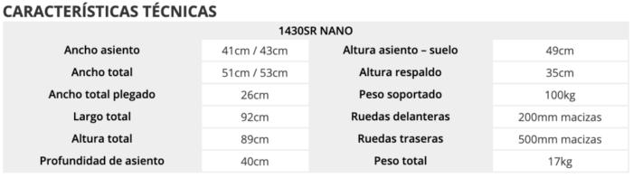 Características silla manual estrecha TEC 50